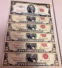 Buy FV$27.00 Lot "Red Seals" $5&$2 US Notes Mixed 1953-1963-GREAT LOT!