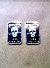 Buy TWO BAR LOT, FINE .999 SILVER 1 GRAM  BARS  FRONT FACING SKULLS LOW SHIPPING