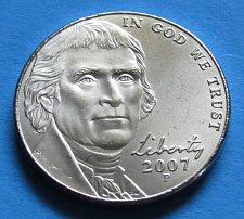 2007 P Jefferson 5c Níquel PCGS Acabamento Acetinado SP68FS
