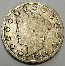 1907 US Liberty Head V nickel in circulated condition Free Shipping