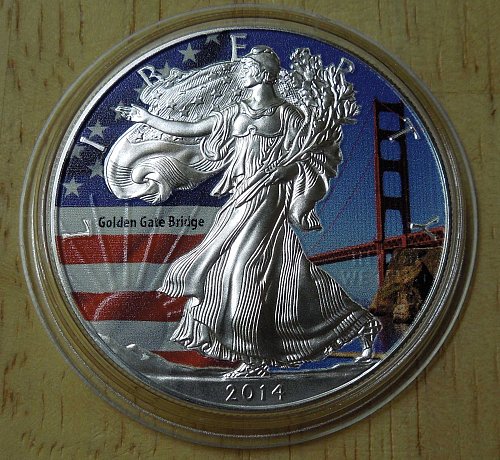2014 W Silver American Eagle - colored - Golden Gate Bridge
