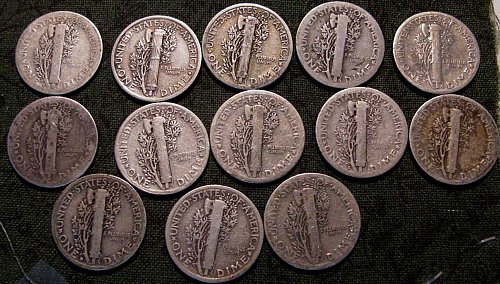 13 Mercury Silver Dimes all dated in Roarin g TWENTIES!!!  $1.30 each