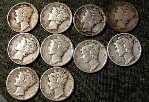10 silver Mercury Dimes 1935D,43D,48D,40S,41S, & 43s among them!! $1.45 each!!