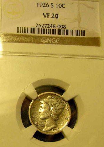 1926S NGC certifiied VF 20 Mercury SILVER Dime-Semi KEy Reduced thru 9/20/2014!