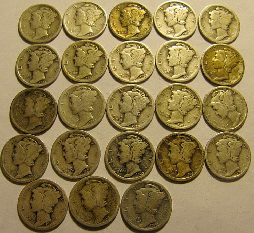 23 Mercury Dimes-all dates readable ALL  1920's  Come & Get em' !!   LOT 17 B