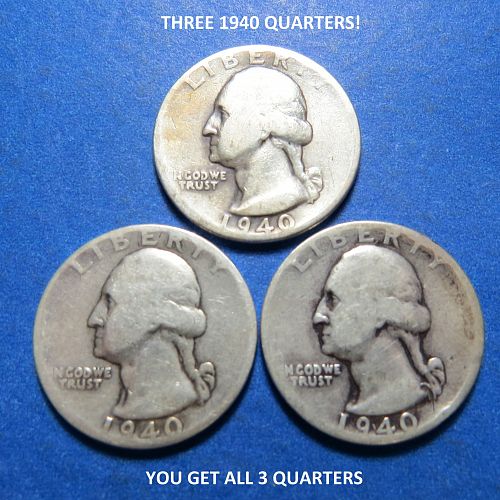 1940  WASHINGTON SILVER QUARTER (LOT OF 3 QUARTERS) ~ LOT B753