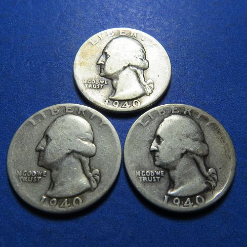 1940  WASHINGTON SILVER QUARTER (LOT OF 3 QUARTERS) ~ LOT B753