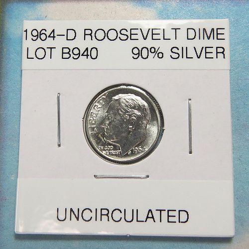 1964-D ROOSEVELT UNCIRCULATED DIME ~ 90% SILVER ~ COMB SHIP ~ LOT B940