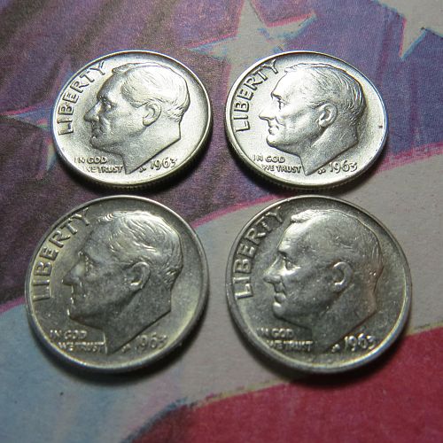 1963 ROOSEVELT DIME ~ LOT OF 4 COINS ~ 90% SILVER ~ COMB SHIP ~ LOT B953