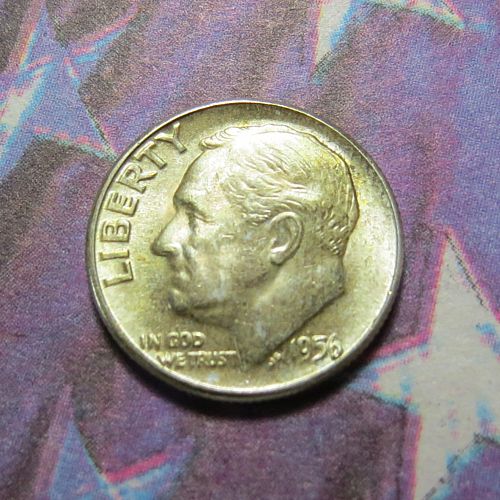 1956  ROOSEVELT DIME WITH TONING ~ 90% SILVER ~ COMB SHIP ~ LOT C002