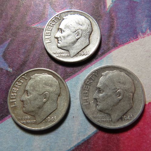 1946-P 1946-D 1946-S ROOSEVELT DIMES ~ SET OF 3 DIMES ~ PDS SET ~  LOT C092