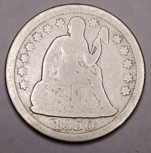 1850-P Seated Liberty Dime, well-circulated, past cleaned & polished, good set f