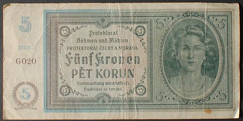 Bohemia and Moravia P4a 5 Korun VF