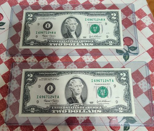 2003 Two $2 dollar bills consecutive serial no. 247 & 248 A Jefferson plastic sl