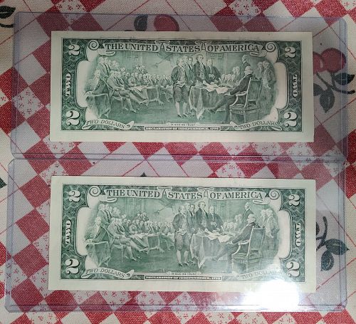 2003 Two $2 dollar bills consecutive serial no. 247 & 248 A Jefferson plastic sl