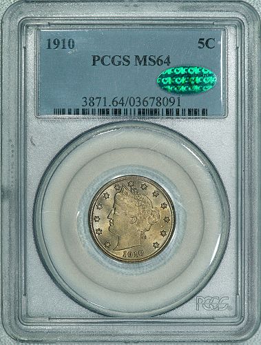 1910 PCGS MS64 CAC Liberty Nickel, a super PQ lustrous eye appealing example