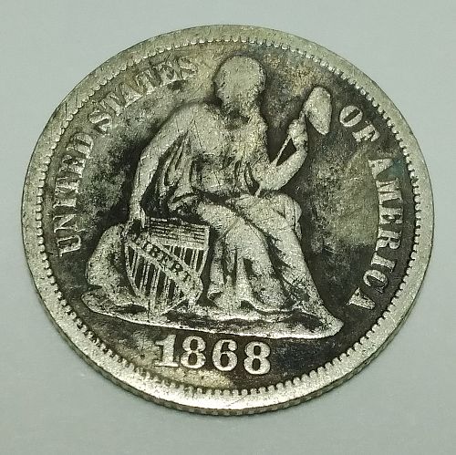 1868-P Seated Liberty Dime 10c, Silver, circulated, less than 465k minted!