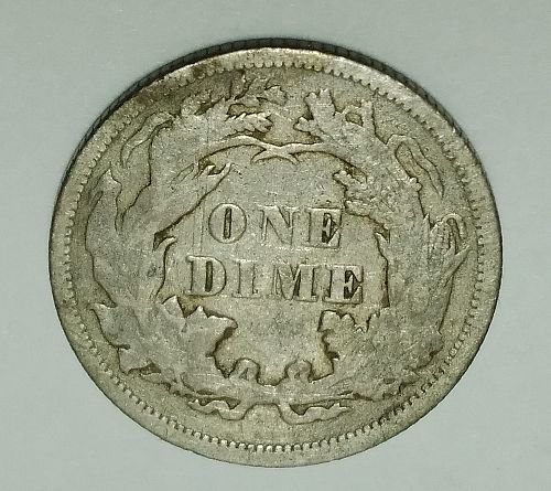 1872-P Seated Liberty dime, Silver, weak reverse denomination, nice dark color