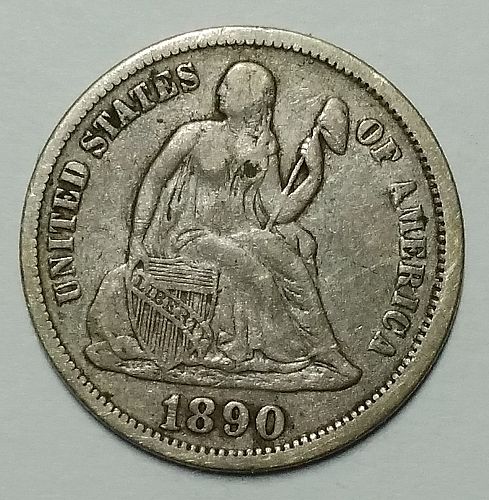 1890-P Seated Liberty dime, Silver, strike is off-center