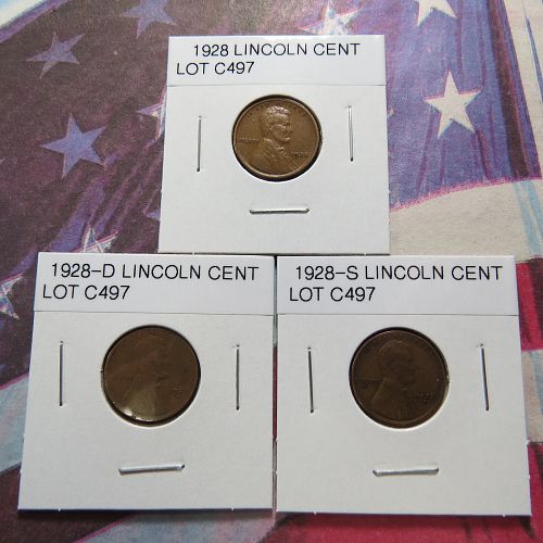 1928-P 1928-D 1928-S LINCOLN WHEAT CENTS (LOT OF 3 CENTS) LOT C497