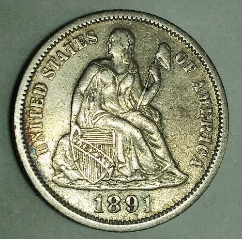 1891-P Seated Liberty Dime, Silver, RPD, Stellar AU+ example of an F-106