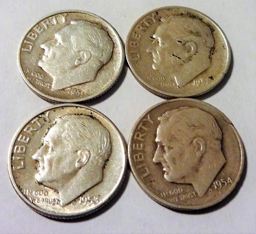 Lot of (4) Silver Roosevelt dimes: 1951S 1952S 1953S 1954S - VG to VF