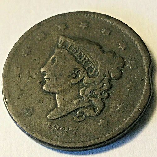 1837 USA - 1 Cent - Liberty Matron Head - Modified - Type 2 - Copper Coin