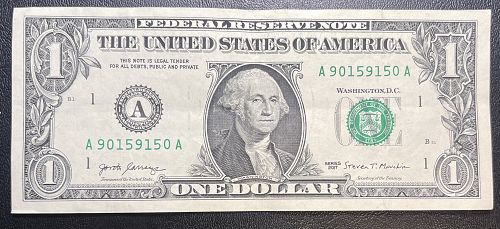 2017 Circulated $1.00 "Repeat" Federal Reserve US Banknote/Dollar Serial#: A9015