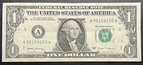 2017 Circulated $1.00 "Repeat" Federal Reserve US Banknote/Dollar Serial#: A9015