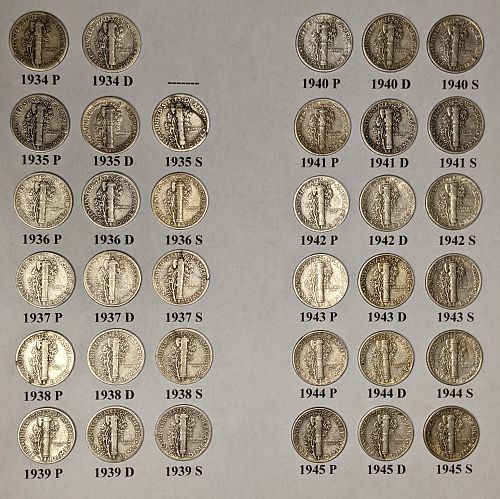 1934-1945 P, D, & S Mercury Dime Set - 35 Silver Coins