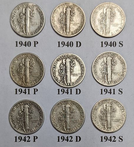 1934-1945 P, D, & S Mercury Dime Set - 35 Silver Coins