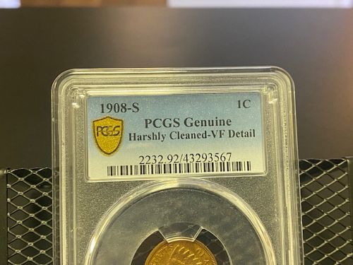 PCGS GENUINE 1908-S 1C INDIAN HEAD HARSHLY CLEANED - VF DETAIL ⚡⚡⚡⚡⚡