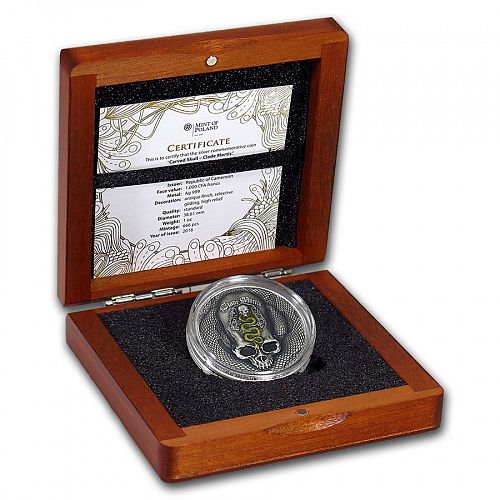Carved skull Clade Mortis 1 oz silver coin Cameroon 2018