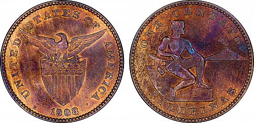 Philippines - 1908/1908 S/S/S 1 Centavo (Allen 2.06b) NGC MS64BN TONED (FREE SHIP)