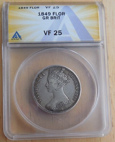 1849 Gothic Florin - Graded & Authenticated by ANACS - VF 25 - "Godless" Variety
