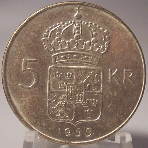 KM# 829 1955 Sweden Silver 5 Kronor UNC #01014