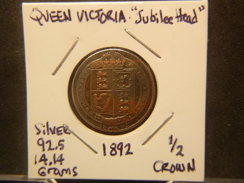 UNITED KINGDOM QUEEN VICTORIA "JUBILEE HEAD" 1892 1/2 CROWN