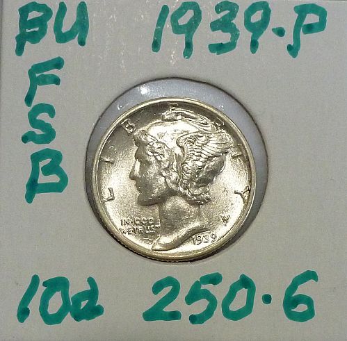 1939-P  Brilliant Uncirculated Mercury Dime  With Full Split Bands  BU (250-06)