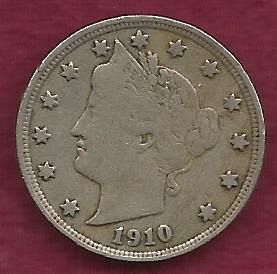 US 5 Cent 1910 Coin - Barber or Liberty Head