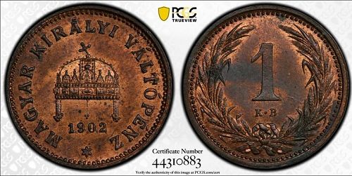 1902KB Hungary Filler PCGS MS 64 Red & Brown