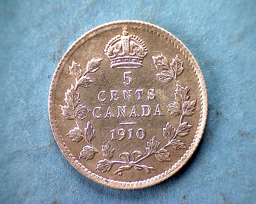 1910 CANADA FIVE CENTS  "POINTED LEAVES"  KING EDWARD V11  "SILVER"