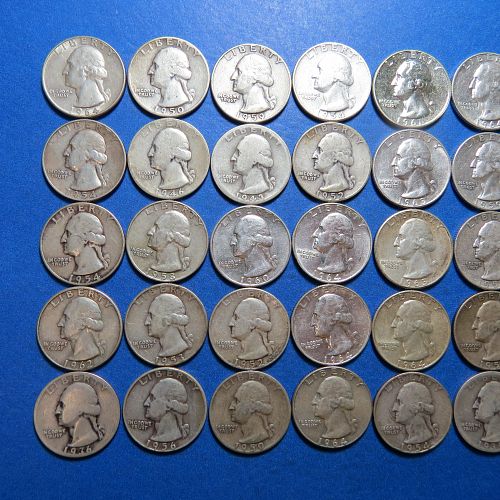 1936 to 1964 WASHINGTON QUARTER ROLL OF 40 US COINS ~ 90% SILVER ~ LOT C762