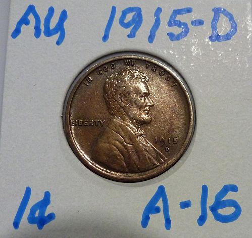 1915-D About Uncirculated RED/BROWN Lincoln Wheat Cent (A-16)