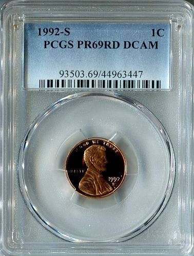 1992 - S  LINCOLN CENT   --  PCGS  --  PR 69RD DCAM