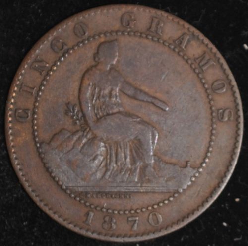 1870 Spain 5 Centimos VF