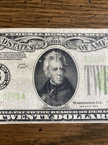 1934 $20 Dollar Bill Federal Reserve Note Lime Green Seal Chicago Nice!