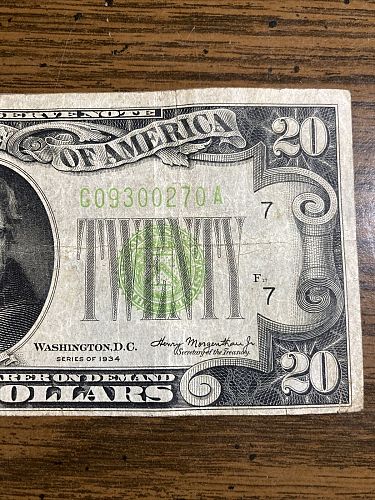 1934 $20 Dollar Bill Federal Reserve Note Lime Green Seal Chicago Nice!