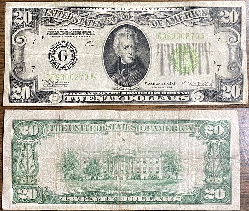 1934 $20 Dollar Bill Federal Reserve Note Lime Green Seal Chicago Nice!