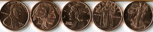 5 - 1 Ounce Pure .999 Copper Rounds - UNC NUMISTIC FAVORITES