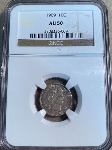 1909 Barber Silver Dime NGC AU50